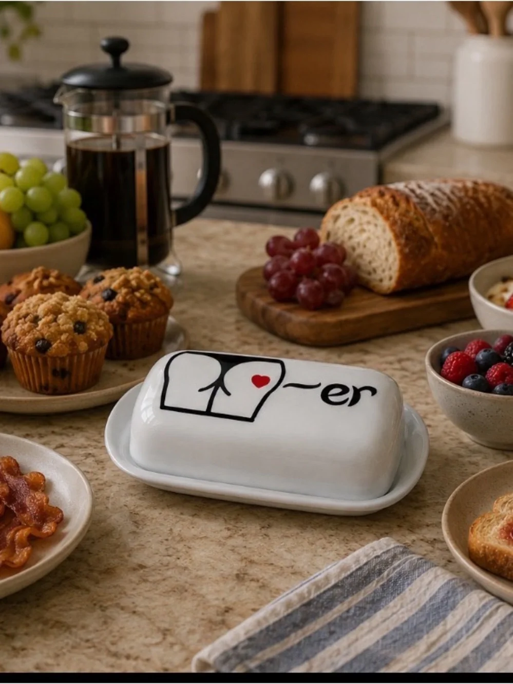 White hard plastic Butter Dish with Playful Graphic